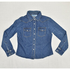 Just the Girl Women Top Cotton Blue Size L Pearl Snap Denim Long Sleeve VTG